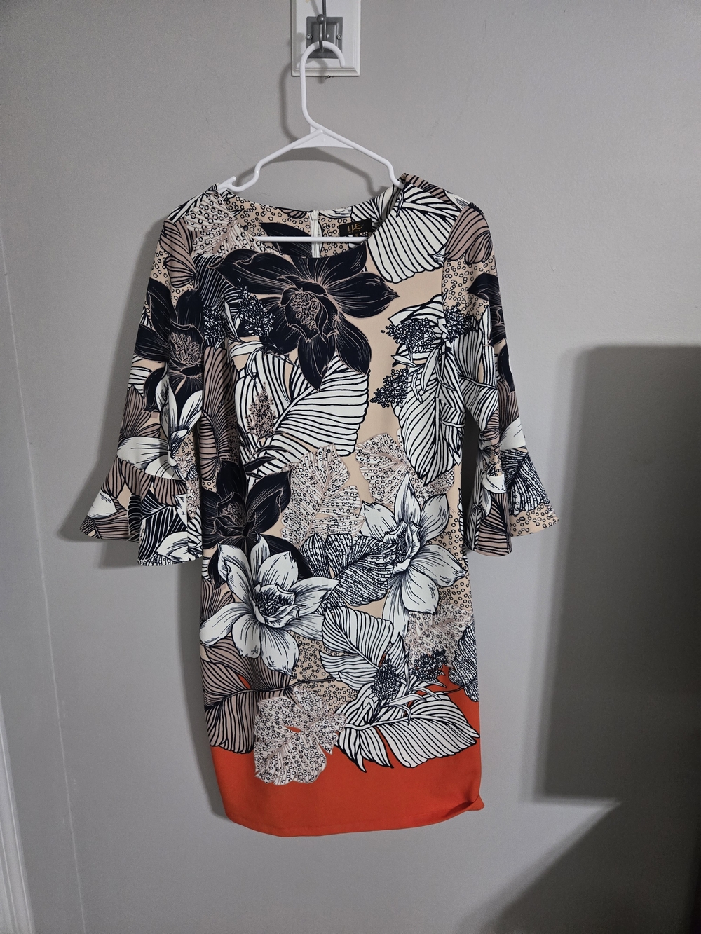 Floral Bell-Sleeve Midi Dress in Beige and Orange